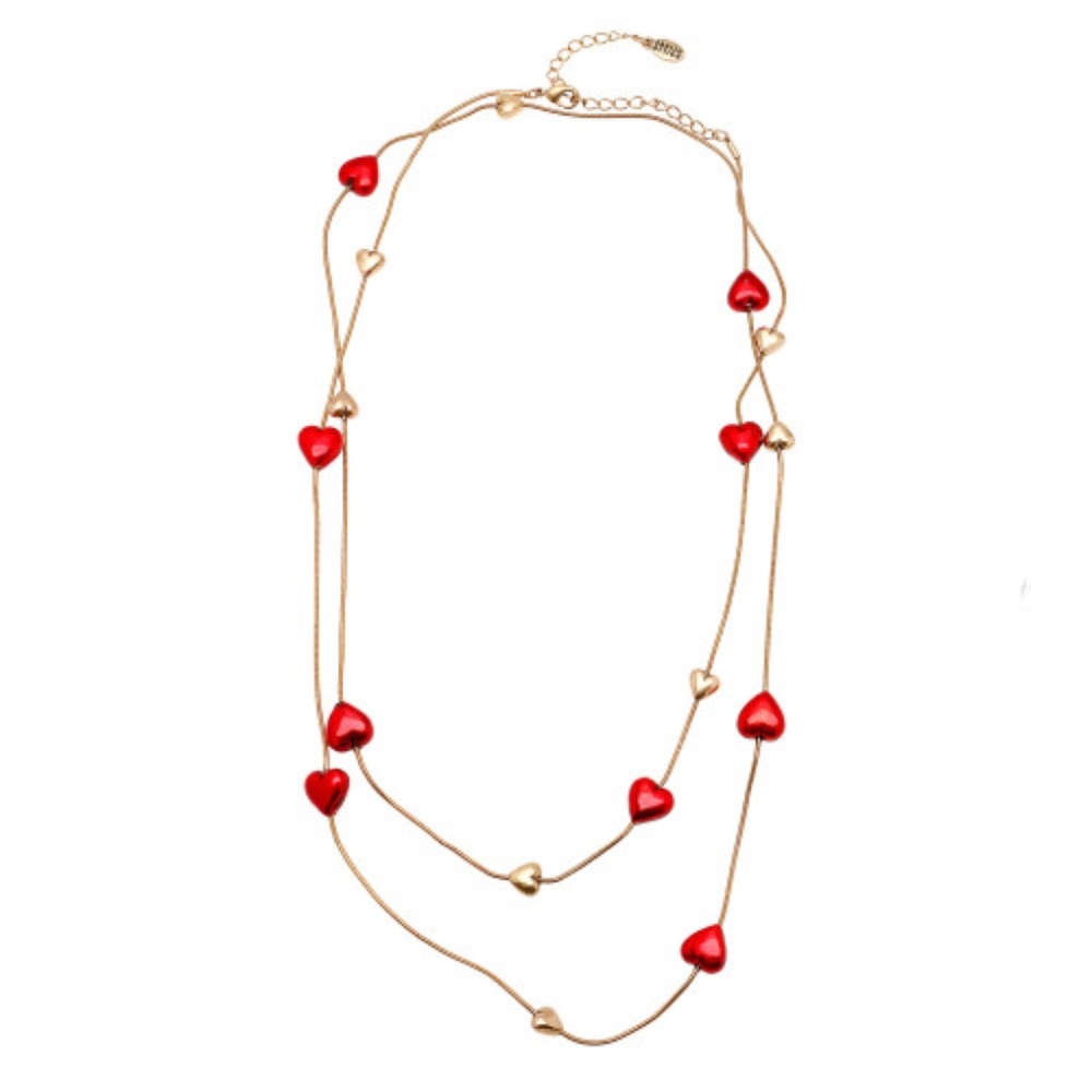 💘 Goldtone and Red Heart Double Strand Necklace